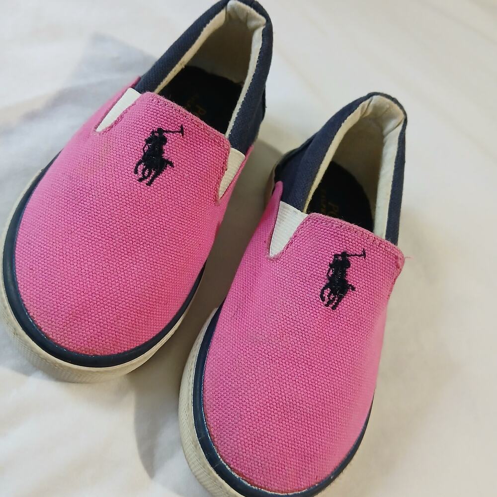 POLO Ralph Lauren 7 Toddler Pink/Navy Canvas Slip-On Shoes Sneakers